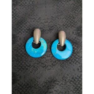 Estate Turquoise Blue Howlite Gemstone Donut Round Door Knockers Earring Charms